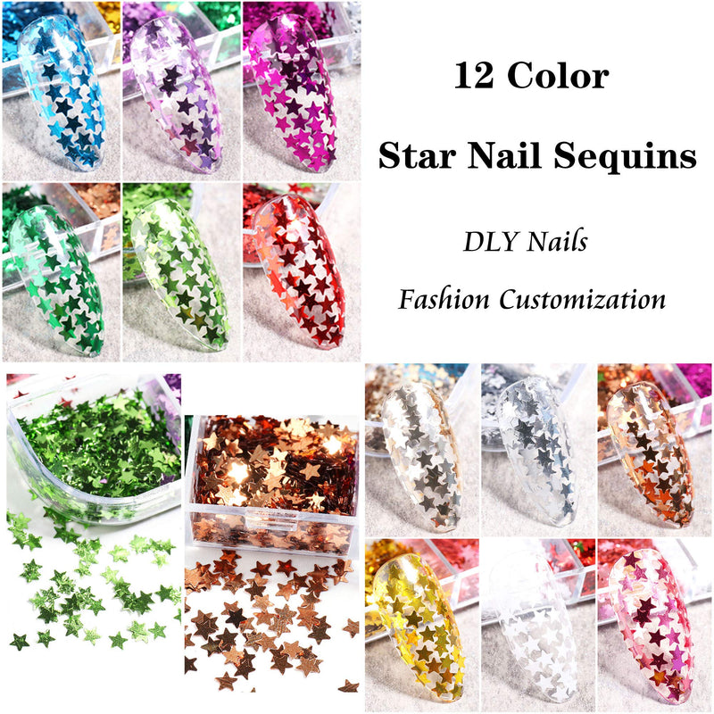 ZRIUM Glitter Nail Sequins 12 Color Star-Moon-Shaped Flake Holographic Nail Art Supplies Accessories Nail Decorative Pieces Nail Stickers For Nail Art Decoration And DIY Handmade (Star-Moon-Shaped) - BeesActive Australia