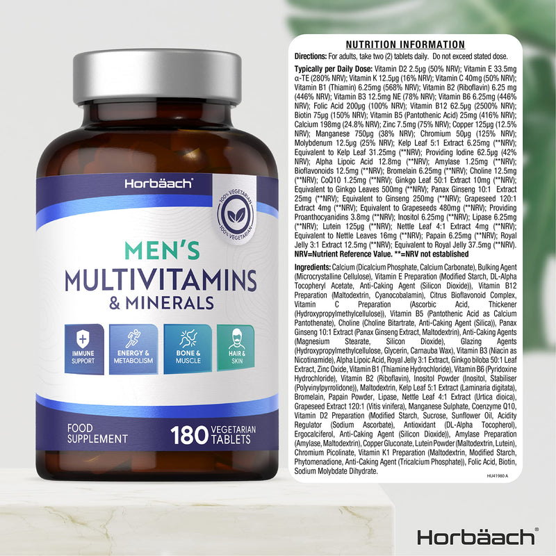 Men's Multivitamins and Minerals | 180 Tablets | 19 Vitamins & Minerals | Vegetarian Food Supplement | by Horbaach - BeesActive Australia