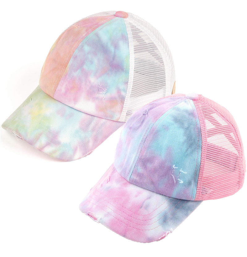 Funky Junque Girl's Criss Cross Hat Messy Bun High Ponytail Kids Baseball Cap 2 Pack: Tie Dye Baby Pink & Tie Dye Cotton Candy - BeesActive Australia
