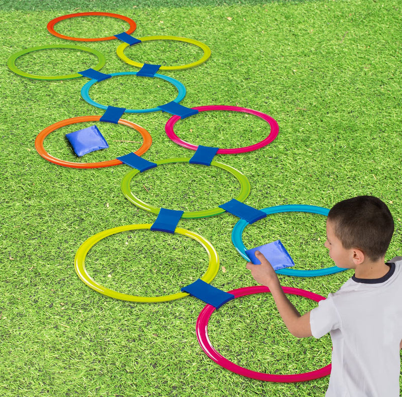 GOODLYSPORTS 2-in-1 Hopscotch & Bean Bag Toss Combine Hop Scotch Ring Game (20Pc) with Bean Bag Toss Game (6Pc)- Educational and Learning Activities for Kids. - BeesActive Australia