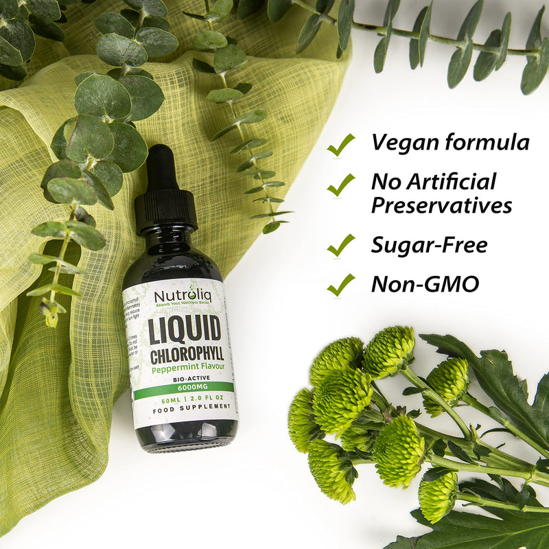 Nutroliq Liquid Chlorophyll Drops for Water - Herbal Extract Promoting Healthy Weight Management, Immune System - Energy & Cleansing Support - Non-GMO, Zero Sugar - 60ml, Natural Peppermint Flavor - BeesActive Australia