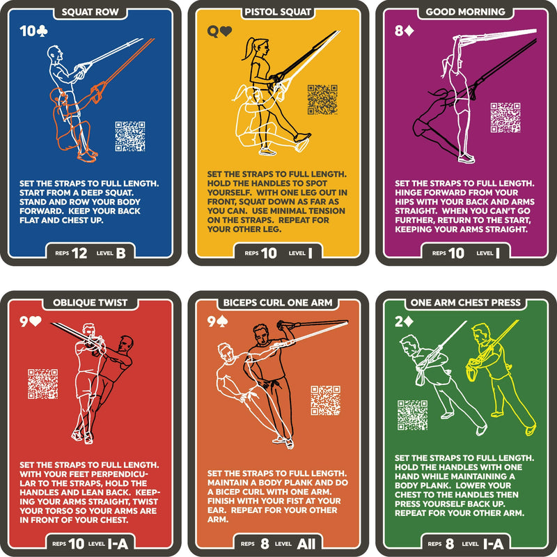 Stack 52 Suspension Exercise Cards. Compatible with All Suspension Trainers. Suspended Bodyweight Resistance Workout Game. Video Instructions Included. Fun Home Fitness Program. 2019 Updated Deck - BeesActive Australia