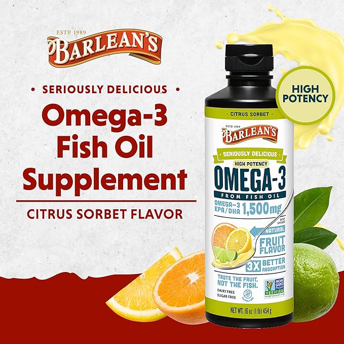 Barlean's, Seriously Delicious, Omega-3 Fish Oil, Citrus Sorbet, 16oz (454g) - BeesActive Australia