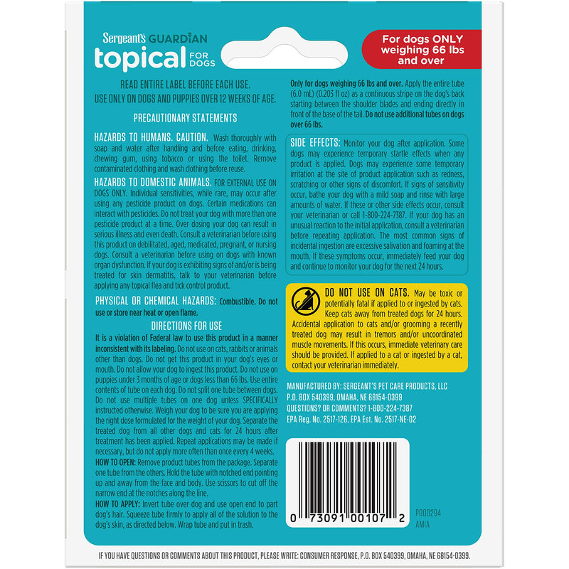 Sergeant's Guardian Flea & Tick Squeeze On Topical for Dogs, 66+ lbs, 3 Count - BeesActive Australia