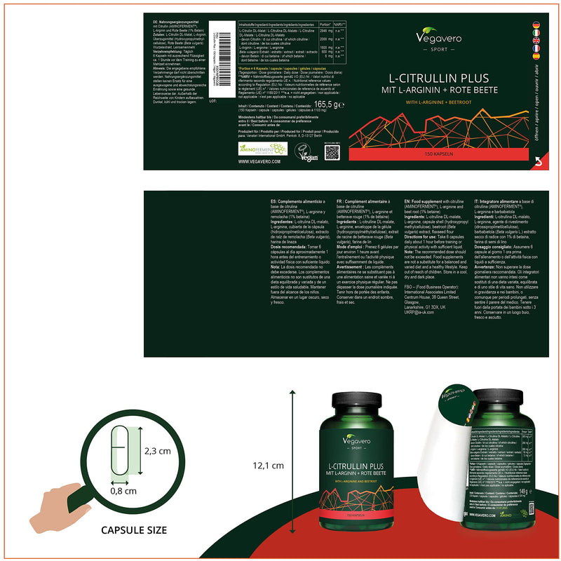 L-Arginine L-Citrulline Plus Vegavero® High Strength 2000 mg | Natural Pre-Workout | NO Additives | Citrulline Malate Powder | Amino Acids from Fermentation | Added Beetroot | 150 Vegan Capsules - BeesActive Australia