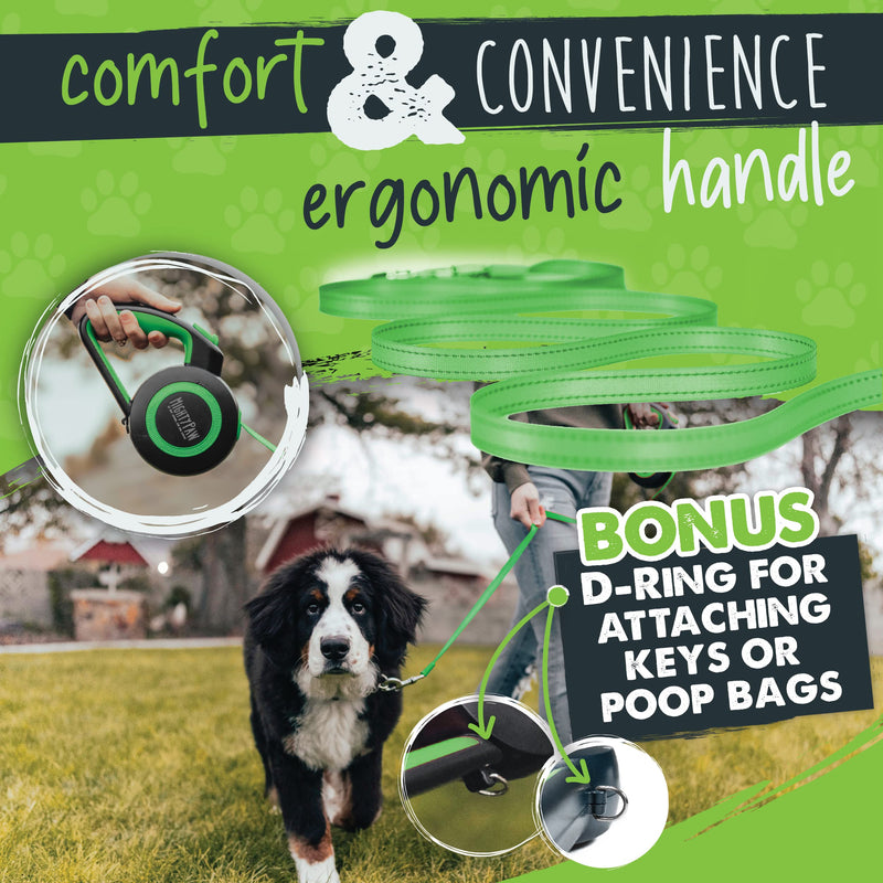 Mighty Paw Retractable Dog Leash 2.0 | 16’ Heavy Duty Reflective Nylon Tape Lead for Pets Up to 110 lbs. Tangle Free Design W/ One Touch Quick-Lock Braking System & Anti-Slip Handle Standard Green - BeesActive Australia
