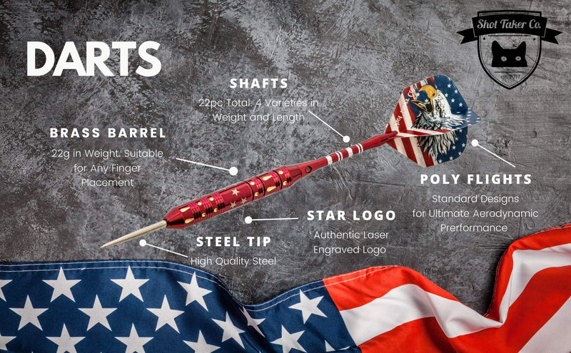 SHOT TAKER CO. EST. 2017 Steel Tip Darts Set - Professional Darts Steel Tip for Dartboard - Includes Brass Barrels + Plastic & Aluminum Shafts + Rubber O'Rings + Flights + Darts Sharpener + Wrench 22g- USA -STC10420 - BeesActive Australia