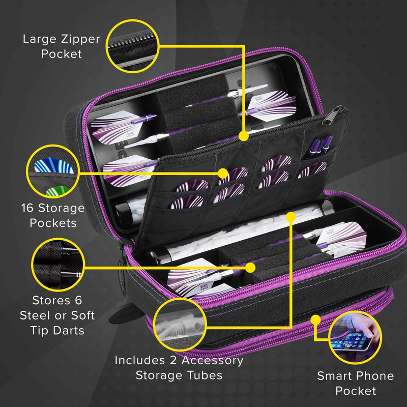 Casemaster Plazma Pro, 6 Dart Case for Soft and Steel Tip Darts, Features Large Front Mobile Device Pocket, Built-In Storage Tubes and Pockets for Flights, Tips, Shafts, and Personal Items - BeesActive Australia