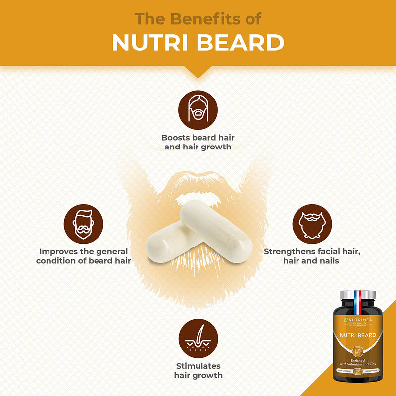 Nutri Beard Growth Supplement - Thicker Facial Hair - Rich in Vitamins, Biotin, Keratin, Cysteine, Zinc and MSM - 90 Capsules - French Expertise - BeesActive Australia