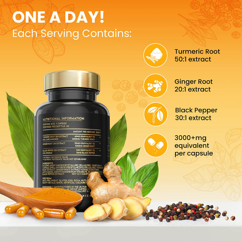 Advanced Turmeric Capsules High Strength 3000mg, Ginger & Black Pepper | ONE per Day | 2 Month Supply | Turmeric and Black Pepper Capsules Locally Made in UK | Turmeric Powder Joint Care Supplements - BeesActive Australia