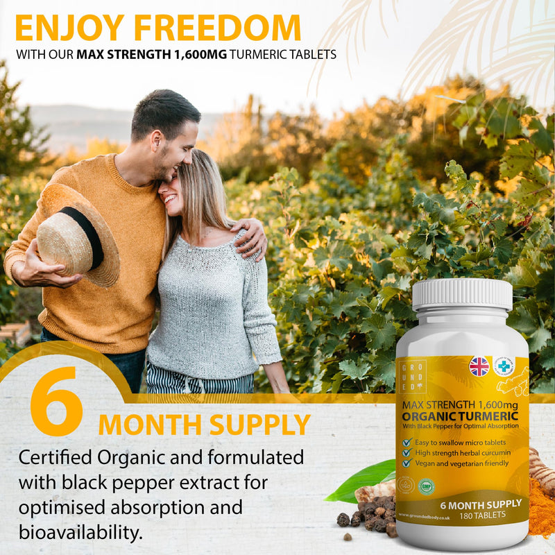 Pure Turmeric Tablets 1,600mg with Organic Black Pepper Extract | 6 Month Supply, 180 Tablets | High Strength Herbal Curcumin Complex Supplement | Natural Anti Inflammatory & Antioxidants | Vegan, UK - BeesActive Australia