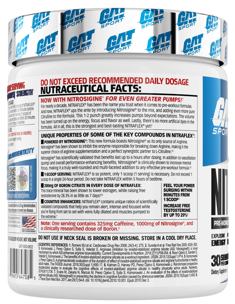 GAT Sport Nitraflex Advanced Pre-Workout Powder, Increases Blood Flow, Boosts Strength and Energy, Improves Exercise Performance, Creatine-Free (Blue Raspberry, 30 Servings) Blue Raspberry 30 Servings (Pack of 1) Standard Packaging - BeesActive Australia