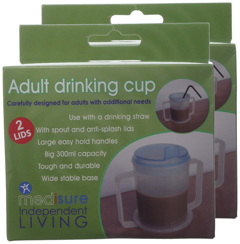 TWIN PACK MEDISURE ANTI-SPLASH ELDERLY OAP DURABLE REUSEABLE WIDE BASE LARGE HANDLES 300ML ADULT DRINKING CUP MUG - BeesActive Australia