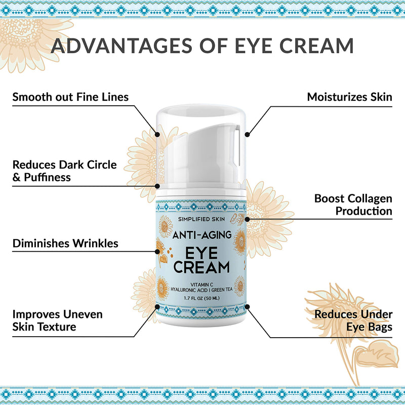 Anti-Aging Eye Cream for Dark Circles,Wrinkles,Bags & Puffiness. Best Under & Around Eyes Anti-Aging Treatment with Vitamin C, Hyaluronic Acid, Green Tea & Organic Rosehip oil by Simplified Skin 1.7oz - BeesActive Australia