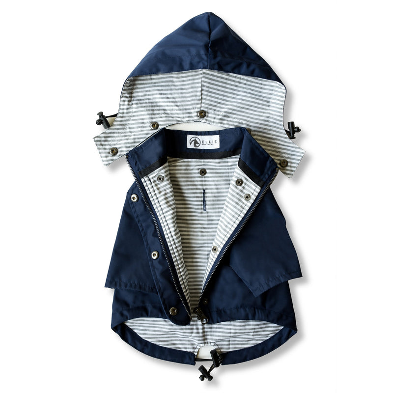Navy Blue Zip Up Dog Raincoat with Reflective Buttons, Pockets, Rain/Water Resistant, Adjustable Drawstring, & Removable Hood - Size XS to XXL Available - Stylish Premium Dog Raincoats by Ellie L - BeesActive Australia