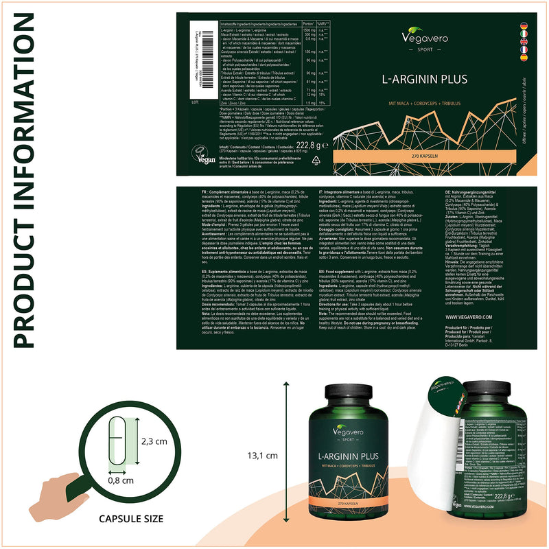 L-Arginine Complex Vegavero® | with Maca, Tribulus Terrestris, Zinc, Cordyceps & Vitamin C | 270 Vegan Capsules | NO Additives, Gelatine or Bulking Agents - BeesActive Australia