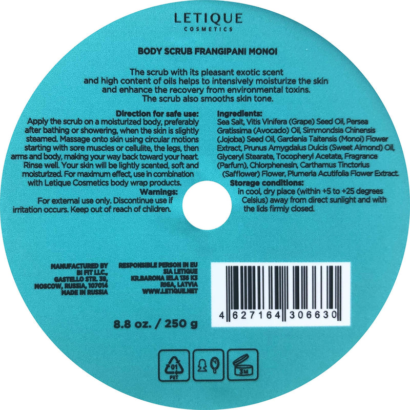 Letique, Body Scrub Frangipani-Monoi - Provides a Deep Skincare, Skin Becomes Toned, and Signs of Cellulite Become Less Noticeable, Pleasant Exotic Aroma - 6.8 Fl. Oz. / 200 ml. - BeesActive Australia