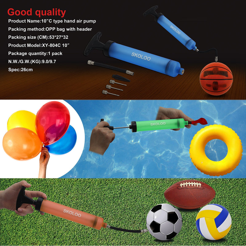 Skoloo 10" Portable Hand Air Ball Pump Inflator Kit with Needle, Nozzle, Extension Hose for Soccer Basketball Football Volleyball Water Polo Rugby Exercise Sports Ball Balloon Swim Inflatables Green - BeesActive Australia