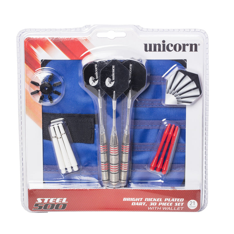 [AUSTRALIA] - Unicorn Steel 500 30-Piece Dart Set Includes Wallet Carrying Case Designed for Use with Bristle Dartboards 