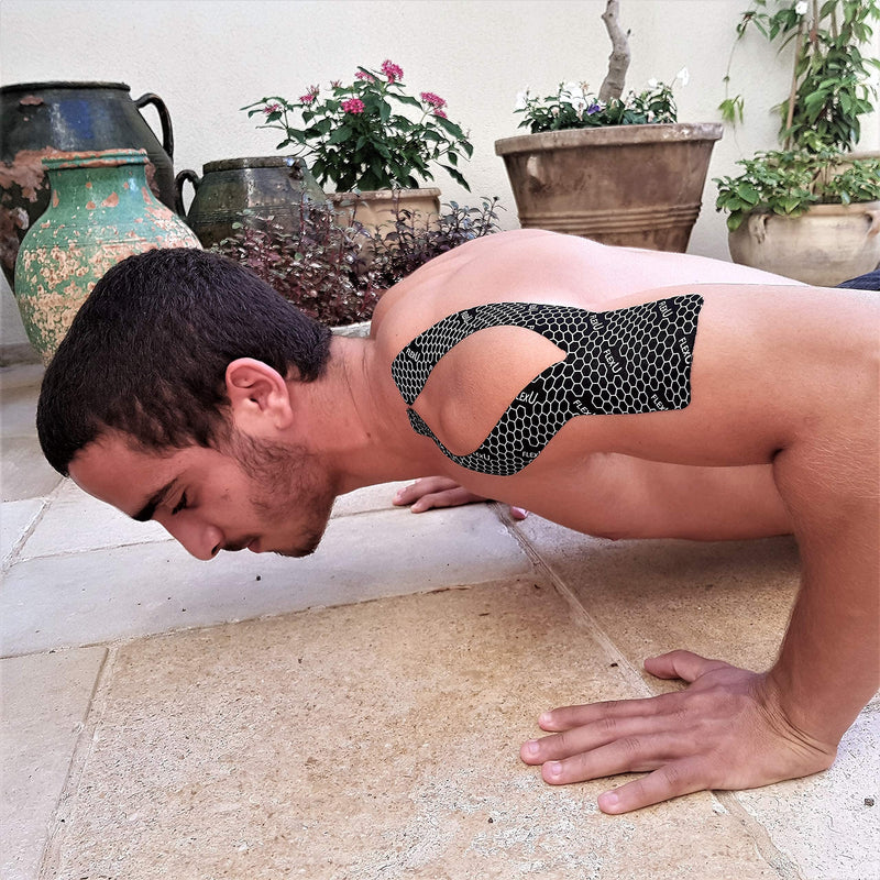 FlexU Kinesiology Tape ; Ultra-Wide Y Shape ; 3 or 4 Wide x 10 Long Pre Cut Strips; Designed for Knee, Shoulder & Back (Lower & Upper) Applications. 2 Roll Pack Black. 3" Pre-cut Y Shape Kinesiology Tape - BeesActive Australia