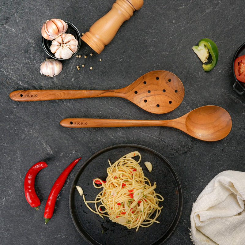2 Pcs 13.5 Inch Teak Wooden Spoon - Mixing Slooted Spoon Heat Resistant Healthy Cooking Tools Handcrafted by Fiodio Home (Spoon & Round Slotted) Spoon & Round Slotted - BeesActive Australia