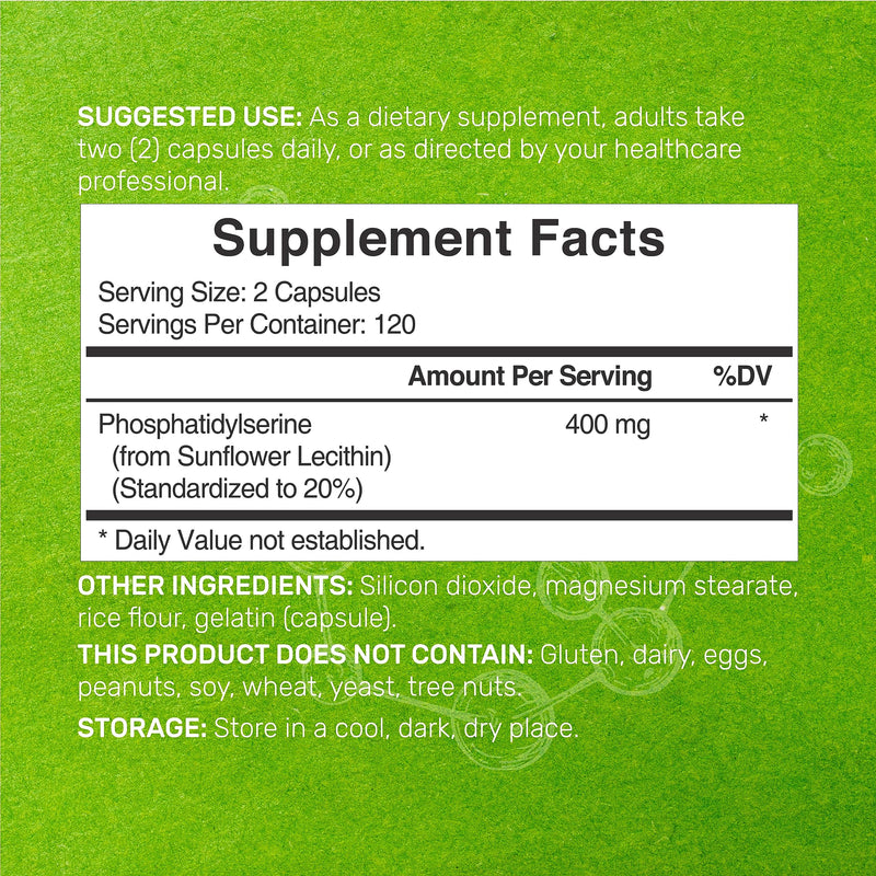Phosphatidylserine 400mg Per Serving, 150 Capsules | Third Party Lab Tested for Purity | Soy Free, Derived from Sunflower Lecithin - Advanced Brain Health Nootropic Supplement (75 Servings) - BeesActive Australia