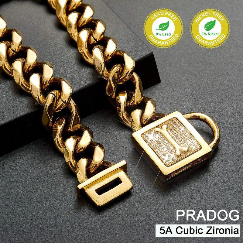 PRADOG Gold Chain Dog Collar Bling Cuban Link Dog Collars with Zirconia Buckle 19mm 18k Gold Silver Dog Chain Necklace Puppy Collar(12 to 26in) 24" ( Fits Neck 22" to 23.5") - BeesActive Australia