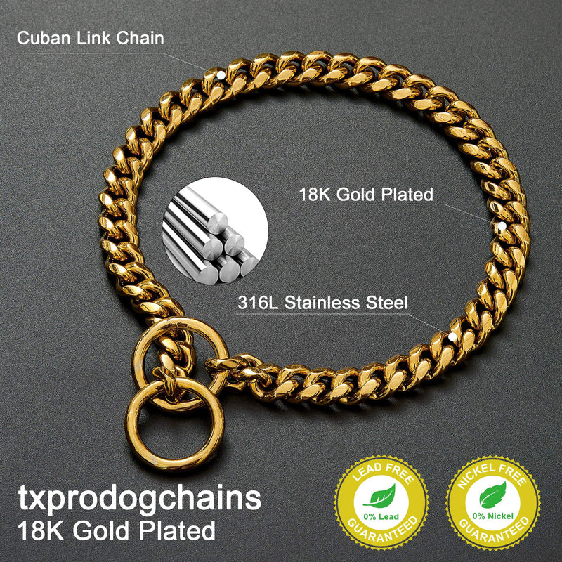 txprodogchains 18K Gold Chain Dog Collar 10MM Cuban Link Chain Stainless Steel Metal Links Walking Training Collar for Small Medium Large Dogs 10in to 24in 20" (Neck Fits 16"-18") - BeesActive Australia