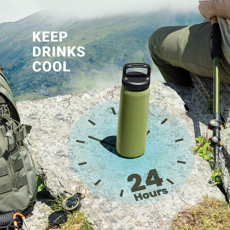 Triple Insulated Stainless Steel Water Bottle with Straw Lid - Flip Top Lid - Wide Mouth Cap (26 oz) Insulated Water Bottles, Keeps Hot and Cold - Great for Hiking & Biking. Army Green - BeesActive Australia