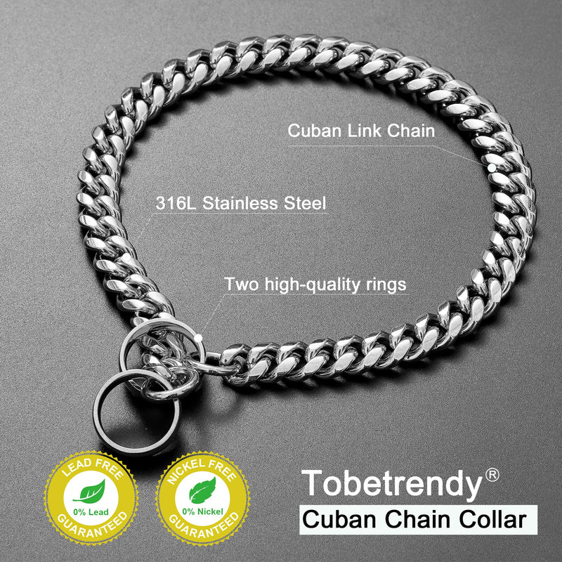 Tobetrendy Gold Chain Dog Collar Cuban Link Chain Stainless Steel Metal Links 14MM Heavy Duty Walking Chain Collar for Small Medium Large Dogs 16inches to 26inches 18" (Neck Fits 14"-16") Silver - BeesActive Australia