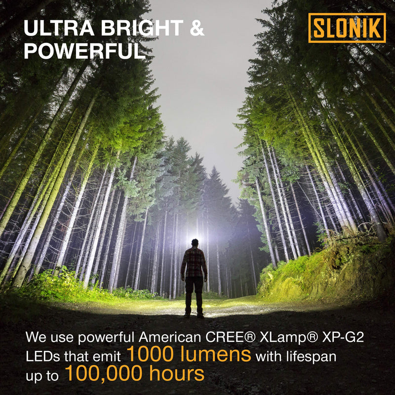 SLONIK 1000 Lumen Rechargeable CREE LED Headlamp w/ 2200 mAh Battery - Lightweight, Durable, Waterproof and Dustproof Headlight - Xtreme Bright 600 ft Beam - Camping and Hiking Gear Black - BeesActive Australia