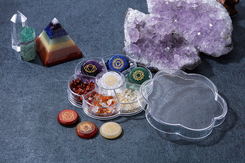 JSDDE 7 Chakra Crystals Stones Reiki Healing Crystal Tumble Gemstones with Characters Chakra Symbol Stone for Meditation - BeesActive Australia
