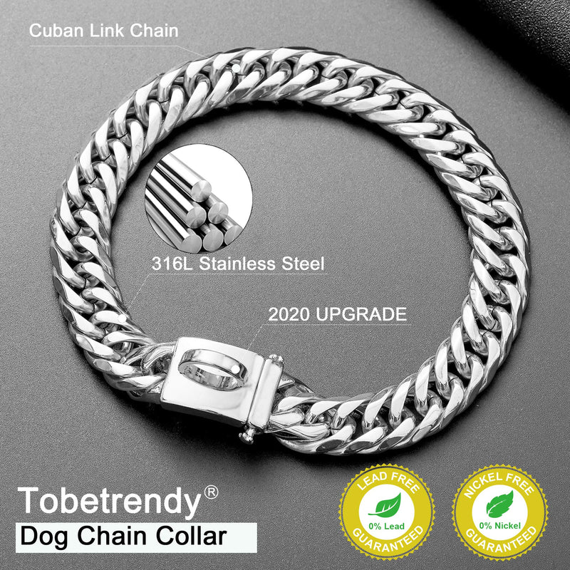 ToBeTrendy Dog Chain Collar Metal Chain Collar with Design Secure Buckle, High Polished Stainless Steel Cuban Link 16MM Heavy Duty Chew Proof Walking Collar for Small Medium Large Dogs 16" - BeesActive Australia