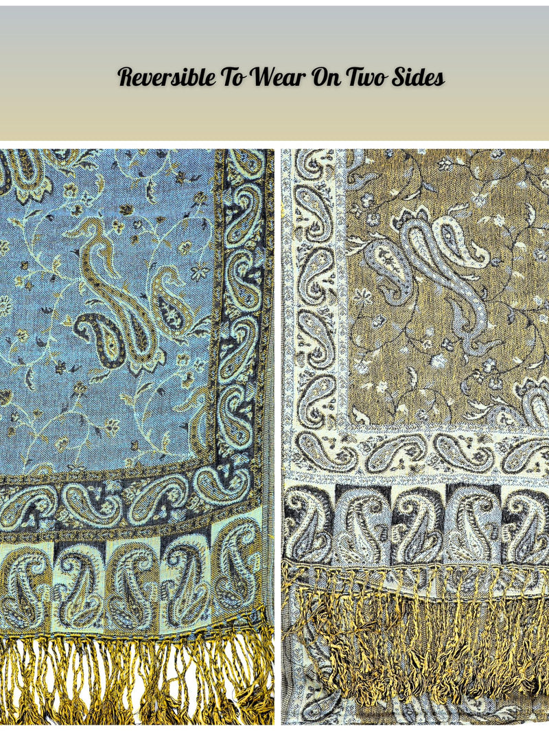 Achillea Soft Silky Reversible Paisley Pashmina Shawl Wrap Scarf w/Fringes Steel Blue - BeesActive Australia