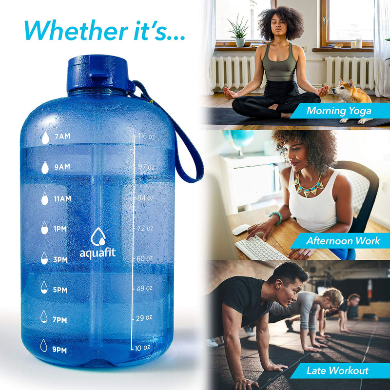 AQUAFIT 1 Gallon Water Bottle with Time Marker - Large Water Bottle Gallon Water Bottle Motivational One Gallon Water Bottle with Straw 1 Gallon Water Jug with Time Marker 1 Gallon Big Water Bottle Dark Blue - BeesActive Australia