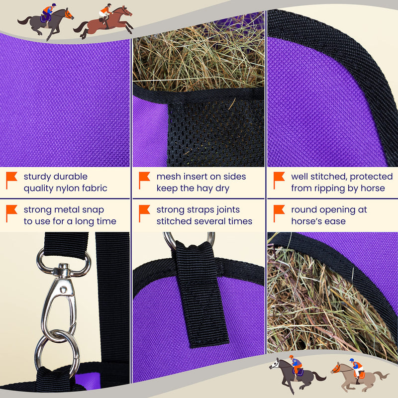 HIRQUITICKE Premium Durable Horse Slow Feed Hay Bag with Metal Snap Fastener and Heavy Adjustable Strap Purple - BeesActive Australia