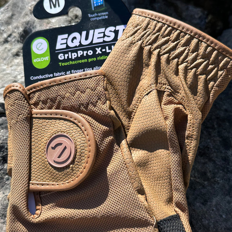 eGlove - eQUEST GripPro X-LITE Horse Riding Gloves - Lightweight, Breathable, Grippy Non-Slip Material - Comfort Mesh Back - Touchscreen Gloves X-Small Caramel - Plain Cuff - BeesActive Australia