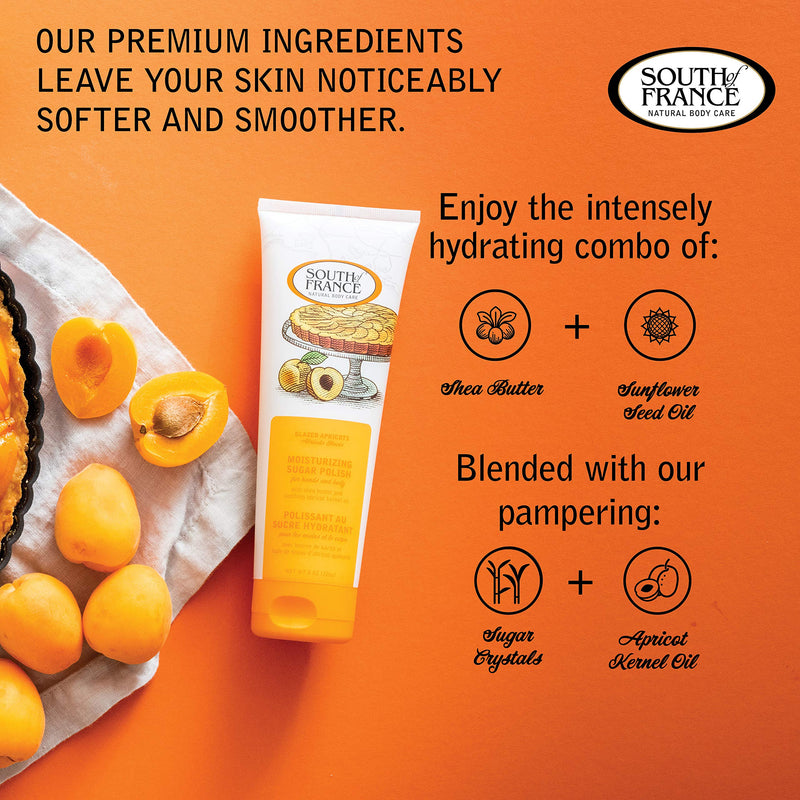 Glazed Apricots Hand & Body Sugar Polish by South of France Natural Body Care | Moisturizing Sugar Scrub for Women | Shea Butter + Sunflower Oil | 8 oz Tube Glazed Apricots 1 Tube - BeesActive Australia