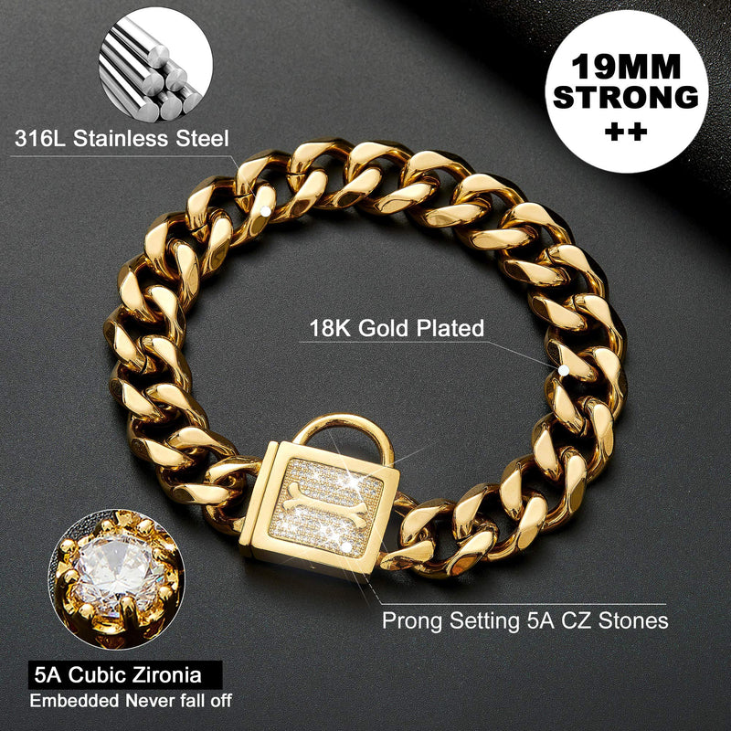 PRADOG Gold Chain Dog Collar Bling Cuban Link Dog Collars with Zirconia Buckle 19mm 18k Gold Silver Dog Chain Necklace Puppy Collar(12 to 26in) 24" ( Fits Neck 22" to 23.5") - BeesActive Australia