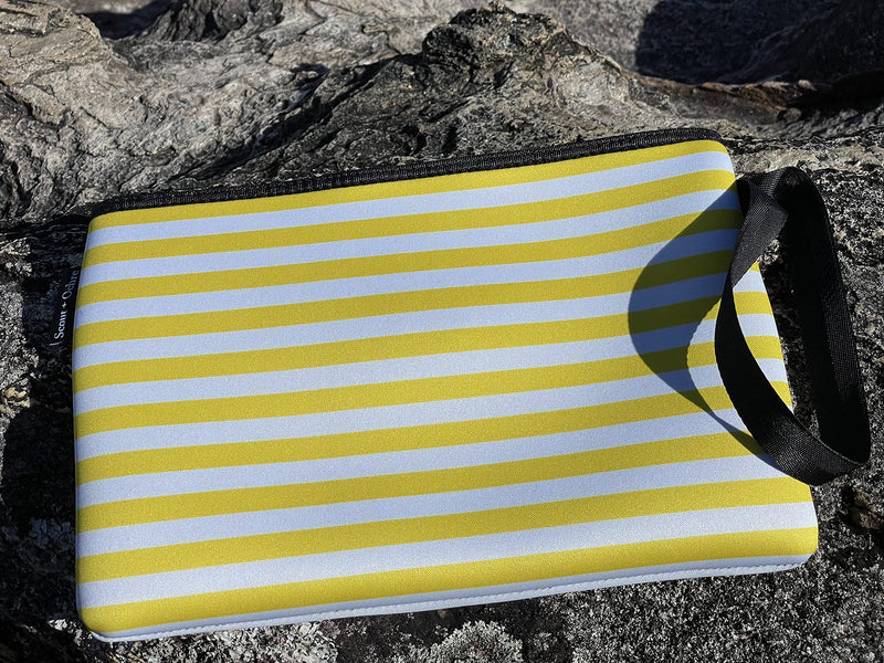 Scout + Ochre Neoprene Swimsuit Bag Pouch with Zipper - Waterproof Wet Bag for Swimwear, Diapers, Cosmetics, Travel Toiletries - great for Beach, Pool, Strollers, Gym - 11.5x8in (Yellow White Stripe) Yellow White Stripe - BeesActive Australia