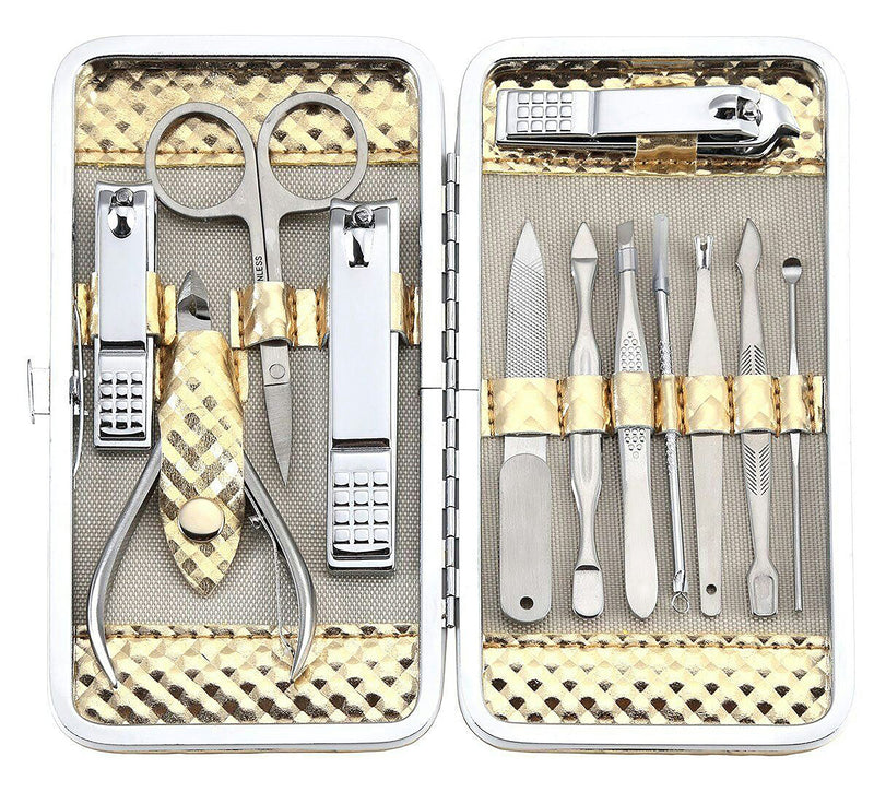 Y.S. organize Professional Manicure Travel Set for Men and Women. 12 Pieces kit of Stainless Steel Manicure & Pedicure Tools. Nail Clippers and Grooming Kit in an Beautiful Gold Metallic case - BeesActive Australia