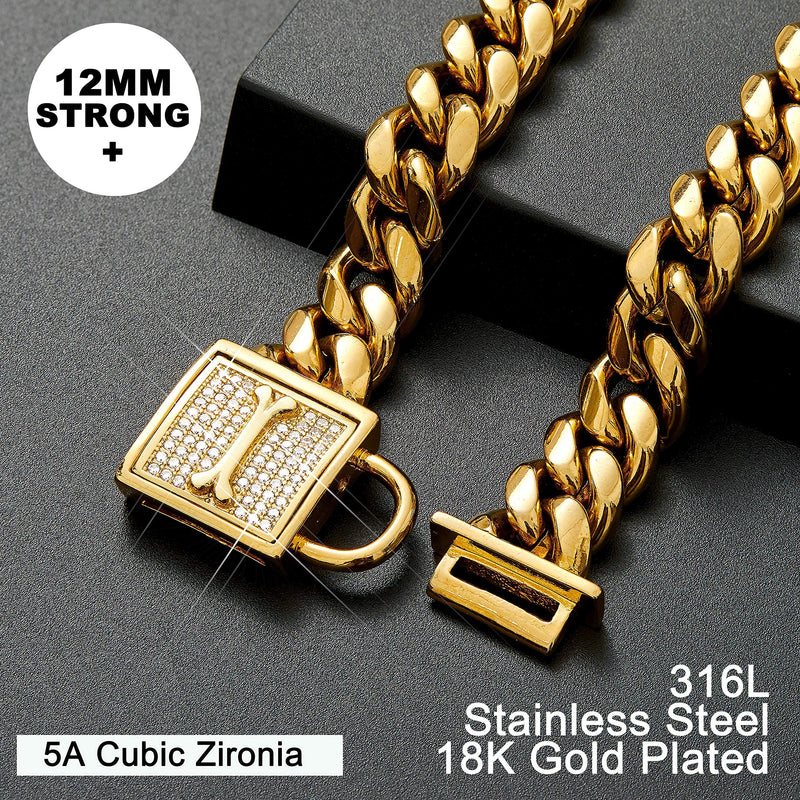 PRADOG Chain Dog Collar with Zirconia Locking 12mm 18K Gold Cuban Link Chain Metal Stainless Steel Dog Walking Puppy Collar Luxury Dog Bling Necklace for XSmall, Small, Medium, and Large Dogs 16" (Fixs Neck 14" to 15.5") - BeesActive Australia