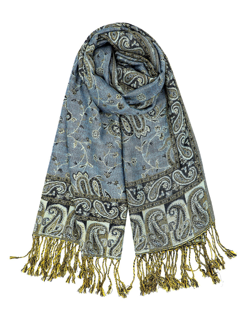 Achillea Soft Silky Reversible Paisley Pashmina Shawl Wrap Scarf w/Fringes Steel Blue - BeesActive Australia