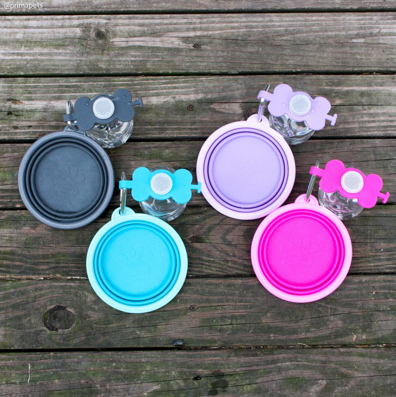 Prima Pets Collapsible Silicone Food & Water Travel Bowl with Clip for Dog and Cat: Small (1.5 Cups) + Bottle Holder, Gray GREY - BeesActive Australia