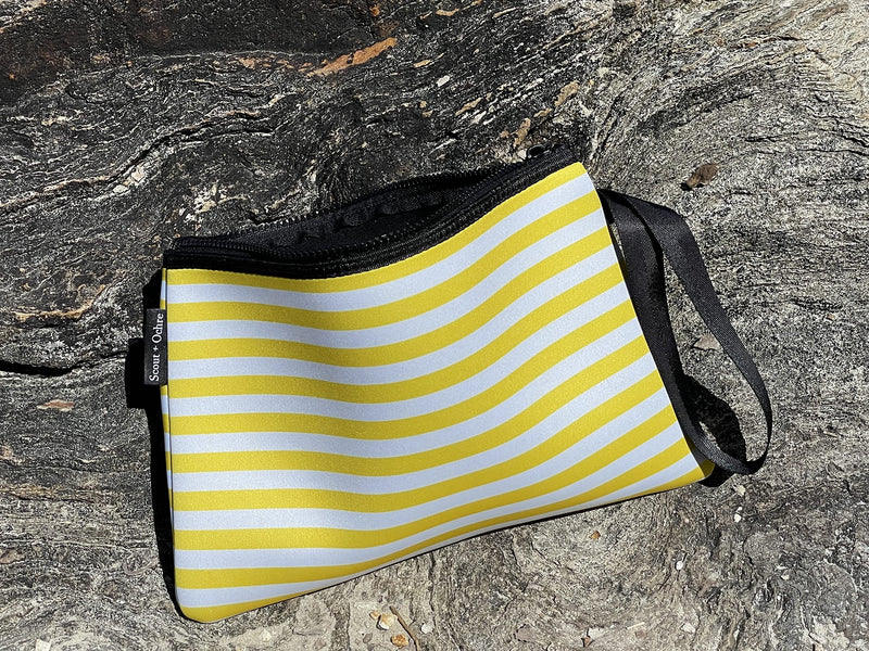 Scout + Ochre Neoprene Swimsuit Bag Pouch with Zipper - Waterproof Wet Bag for Swimwear, Diapers, Cosmetics, Travel Toiletries - great for Beach, Pool, Strollers, Gym - 11.5x8in (Yellow White Stripe) Yellow White Stripe - BeesActive Australia