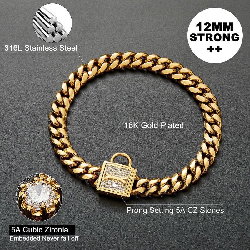 PRADOG Chain Dog Collar with Zirconia Locking 12mm 18K Gold Cuban Link Chain Metal Stainless Steel Dog Walking Puppy Collar Luxury Dog Bling Necklace for XSmall, Small, Medium, and Large Dogs 16" (Fixs Neck 14" to 15.5") - BeesActive Australia
