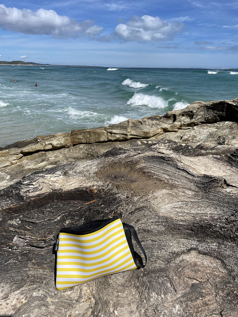 Scout + Ochre Neoprene Swimsuit Bag Pouch with Zipper - Waterproof Wet Bag for Swimwear, Diapers, Cosmetics, Travel Toiletries - great for Beach, Pool, Strollers, Gym - 11.5x8in (Yellow White Stripe) Yellow White Stripe - BeesActive Australia