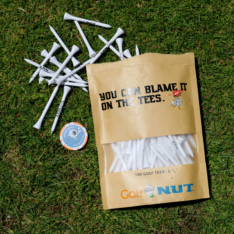 Golf Nut 'Blame it On The Tees' Tee Pack | 100 2-3/4 Inch Tees with Bonus Poker Chip Ball Marker - BeesActive Australia