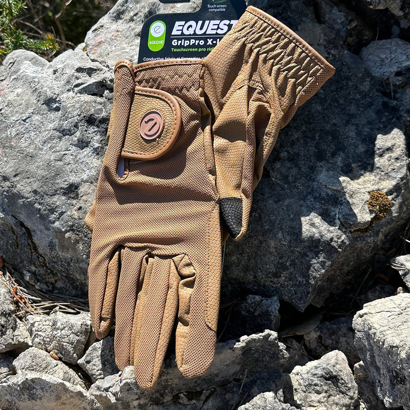 eGlove - eQUEST GripPro X-LITE Horse Riding Gloves - Lightweight, Breathable, Grippy Non-Slip Material - Comfort Mesh Back - Touchscreen Gloves Large Caramel - Plain Cuff - BeesActive Australia