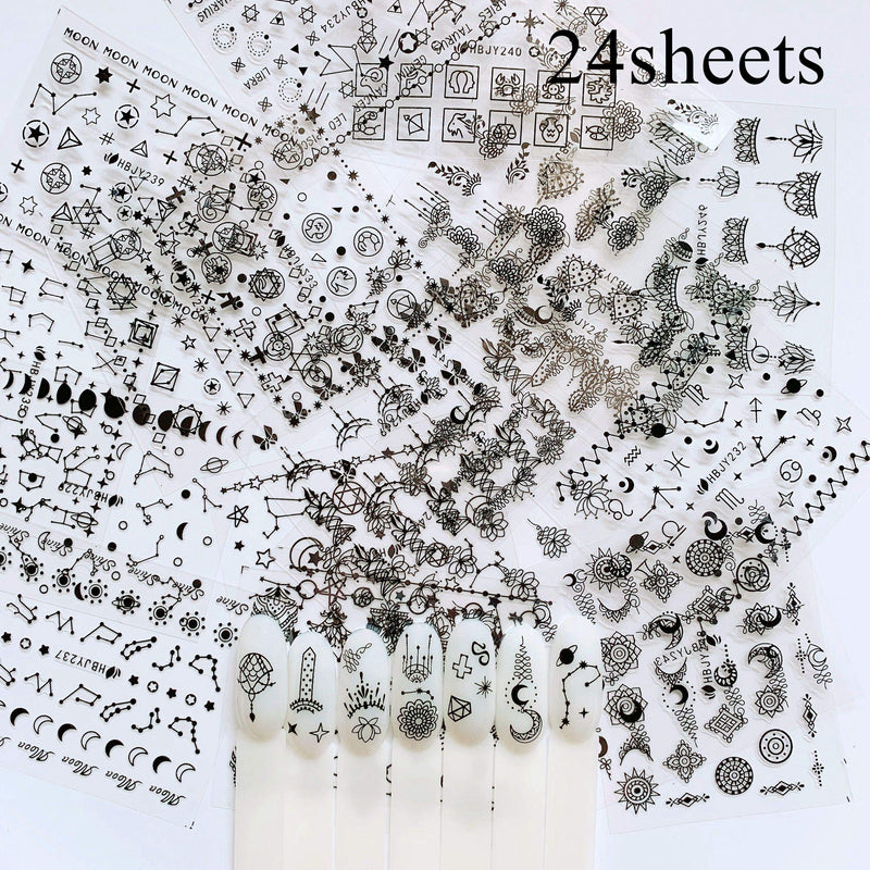 NAIL ANGEL 24 Sheets Nail Art Black Sticker Moon and Star Universal Flower Shapes Different Patterns Mix Sticker Sheets 10056 - BeesActive Australia